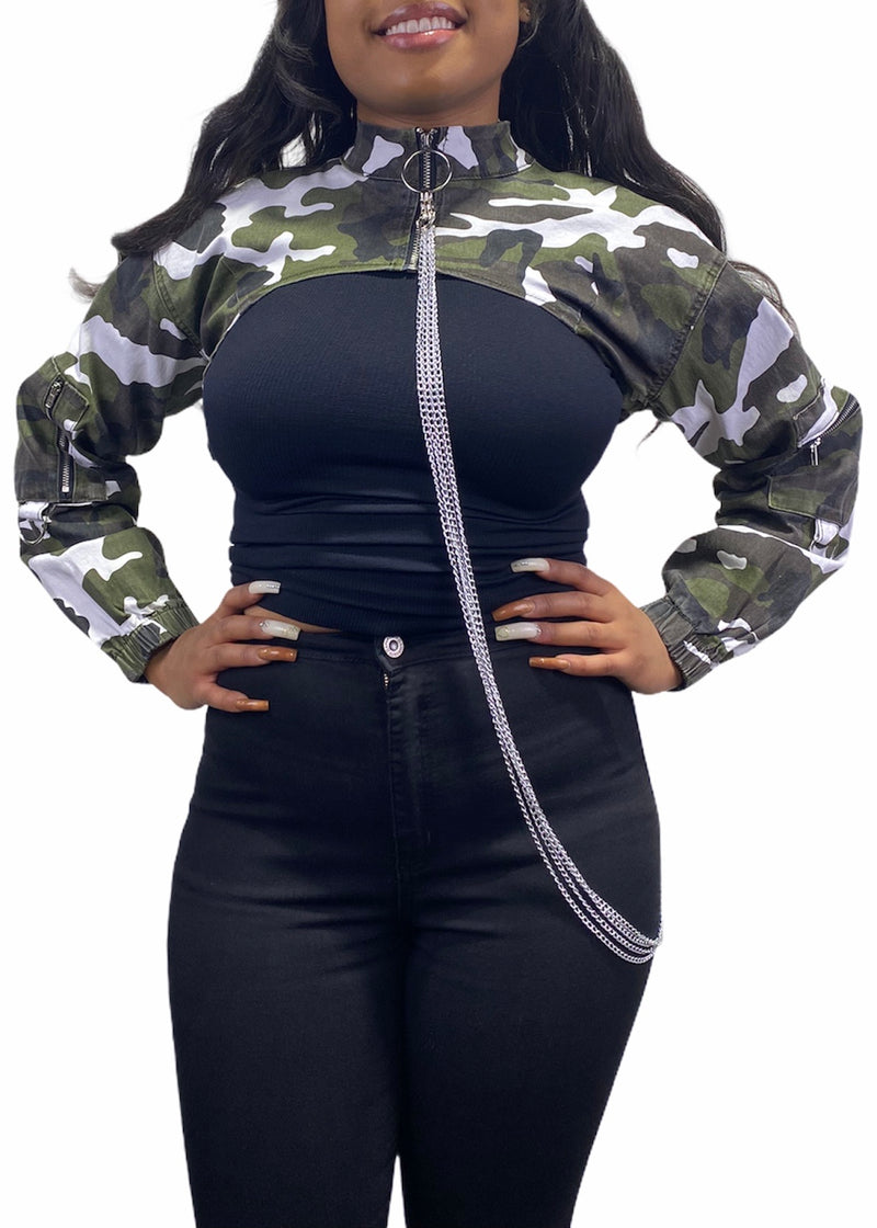 American Bazi Cropped Denim Jacket With Chains (Winter Camo) RJK-2737