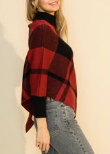 Double Zero High Neck Asymmetrical Hem Poncho Sweater (Red) DZ21G600