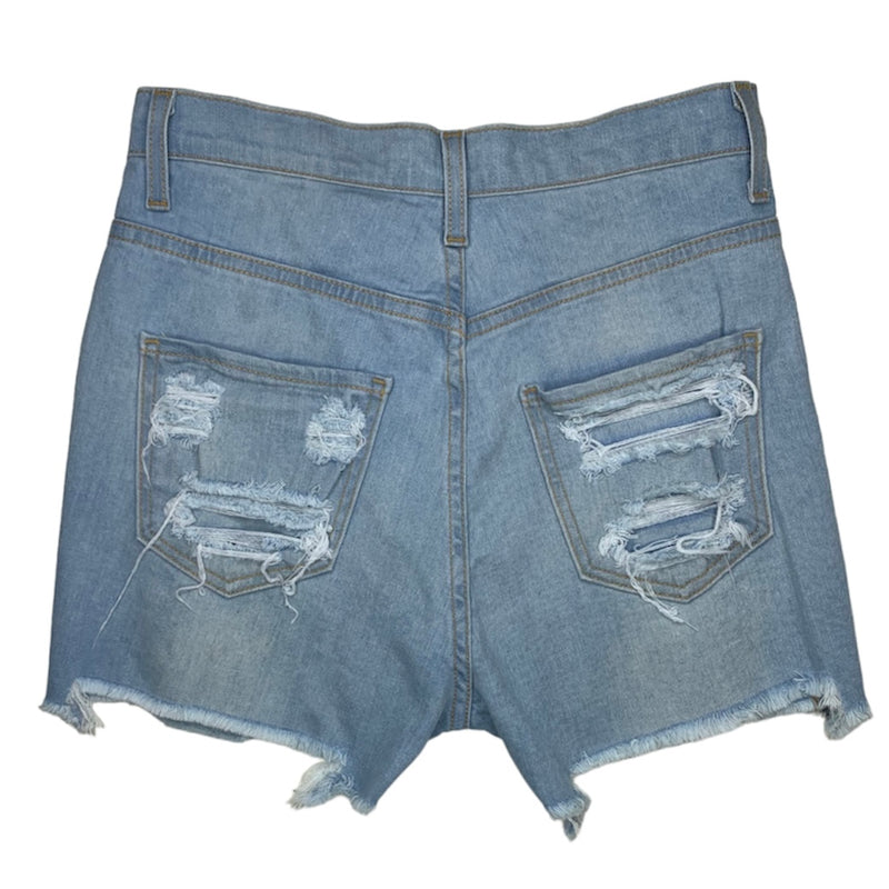 Aphrodite High Rise Frayed & Destroyed Denim Shorts (Light Blue) 6197F