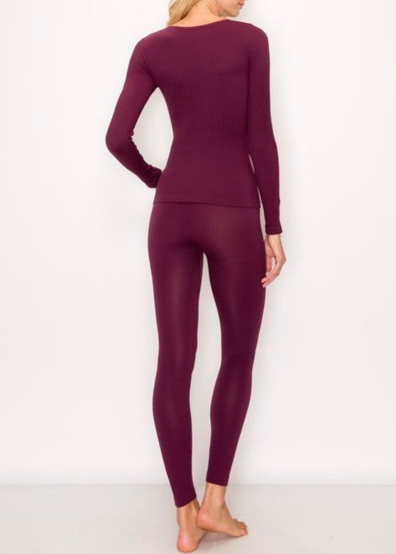 Kimberly Ribbed Seamless Long Sleeve and Legging Lounge Set (Wine)