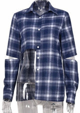 Reflex Plaid Cut-Out Button Down Jacket (Blue) VSE185