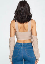 WinWin Wrap Turtle Neck Cold Shoulder Crop Top (Stone) WT11793