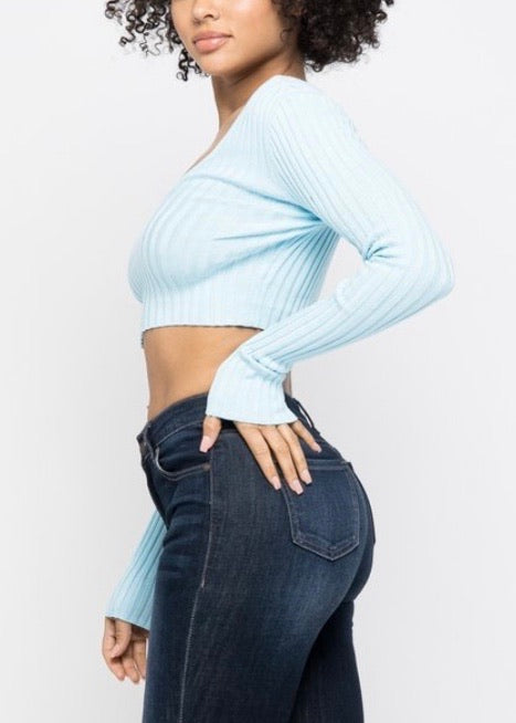 Hera Collection Long Sleeve V-Neck Off Shoulder Crop Top (Baby Blue) 21915