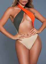 Be Wicked One Piece Halter Swimsuit (Nude/Orange/Green) 2108