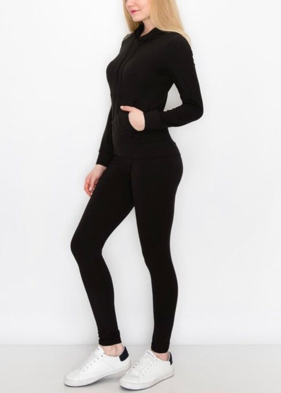 Top Fashion 2 Piece High Waist Pants And Hoodie Set (Black) JV30937