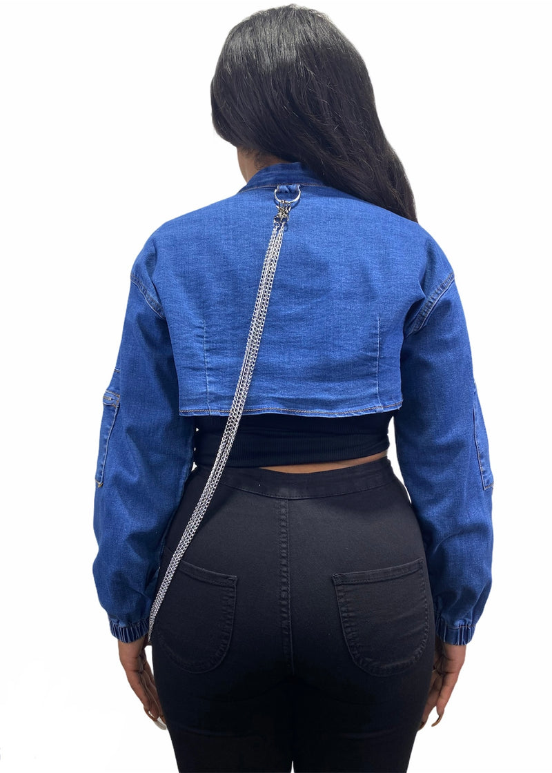 American Bazi Denim Cropped Jacket With Chains (Blue) RJK-2815