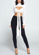 WinWin Mock Neck Long Sleeve Tied Top (Off White) 11720