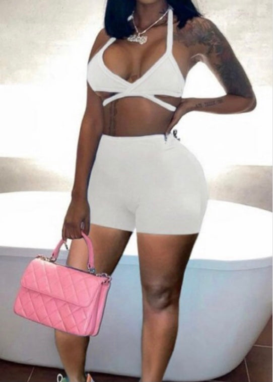 The Way Crossed Bra Top & Shorts Set (White) TWG6190