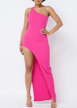 Belita Collection One Shoulder Deep Slit Dress (Fuchsia) SBD1721