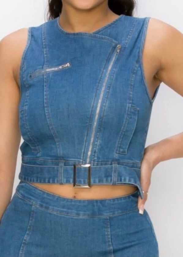 Denim Blvd Sleeveless Crop Top & Pencil Skirt Set (Med Blue) DB213TESBD