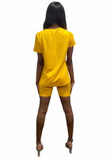 Daisy Solid V Neck Short Sleeve Top T Shirt & Biker Shorts Set (Mango)