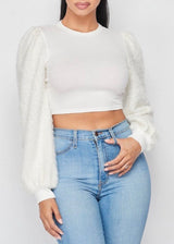 May Pink Ribbed Crop Top With Furry Sleeves (White) T5508