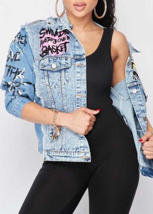 2bme Fashion Distressed Hem Graphic Print Denim Jacket (Denim) 60017