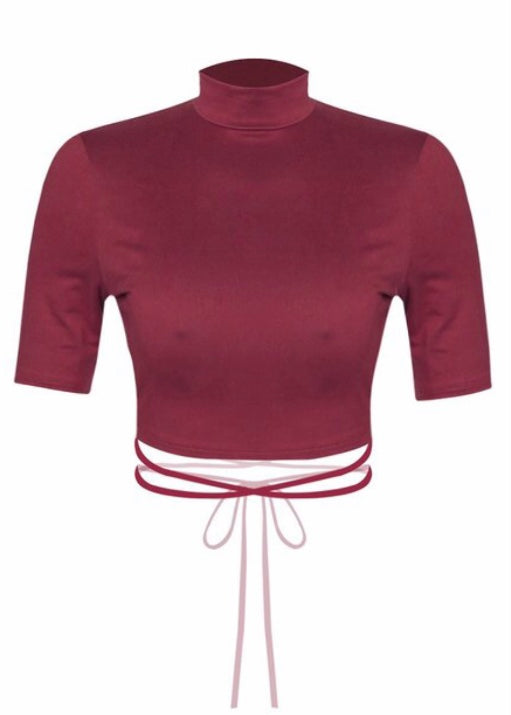 Tresser Open Back Cross Waist Tie Mock Neck Crop Top (Burgundy) 1848T