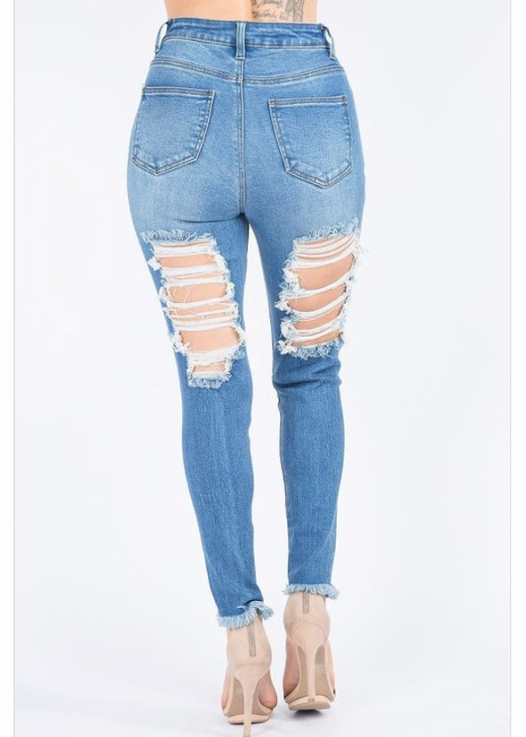 American Bazi High Waist Distressed Thigh Skinny Jeans (Blue) TJH-6090