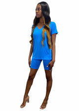 Daisy Solid V Neck Short Sleeve Top T Shirt & Biker Shorts Set (Ocean Blue)