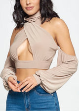 WinWin Wrap Turtle Neck Cold Shoulder Crop Top (Stone) WT11793