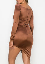 Privy Satin Waist Ribbon Tie Asymmetrical Bodycon Dress (Brown) PD71390N