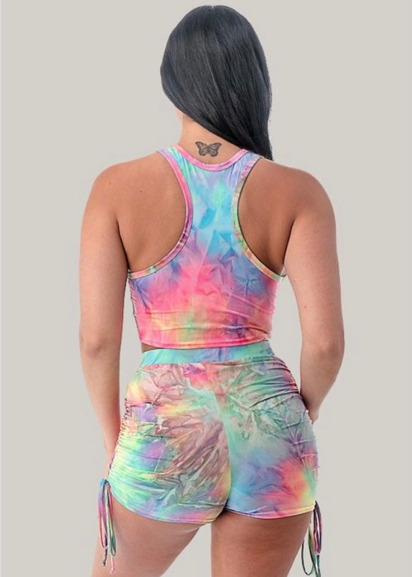 Romance Racerback Crop Top & Shorts Tie Dye Set (Multi) P4614