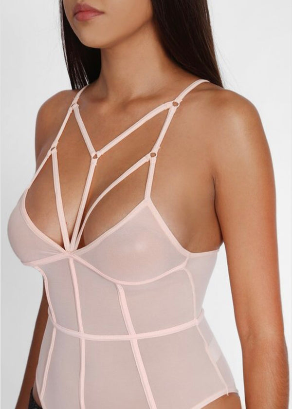 Tic Toc Mesh Top Bodysuit (Peach Nude) IJ21933