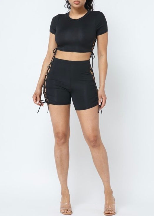 Love Highlight Side Lace Up Crop Top & Lace Up Short Set (Black) U40656-A